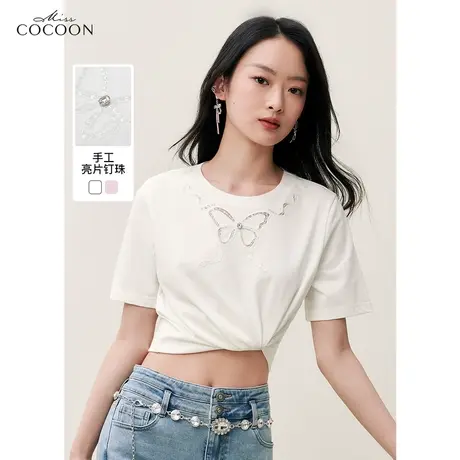 missCOCOON简约绣花短袖t恤女2023夏装新款圆领宽松百搭体恤上衣商品大图