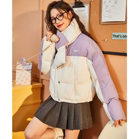 唐狮女装棉衣围脖款新拼接撞色短款棉服外套上衣时尚流行小棉袄图片