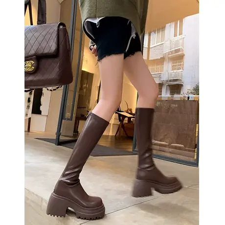 加绒长筒靴女2023秋冬新款弹力瘦瘦靴厚底增高骑士靴小个子长靴棉商品大图