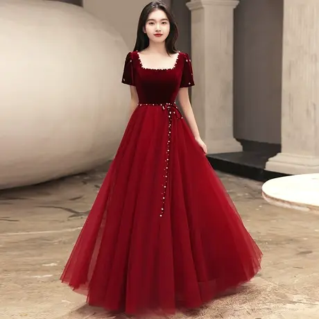 敬酒服新娘2024新款秋冬季结婚订婚回门礼服女酒红色丝绒纱裙夏季商品大图