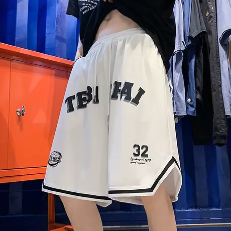夏季休闲短裤男潮牌港风复古字母印花宽松直筒五分裤运动篮球裤子商品大图