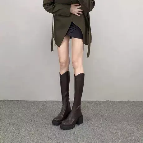 2023秋冬粗跟高筒靴子女棕色显瘦不过膝长靴高跟骑士靴厚底瘦瘦靴商品大图