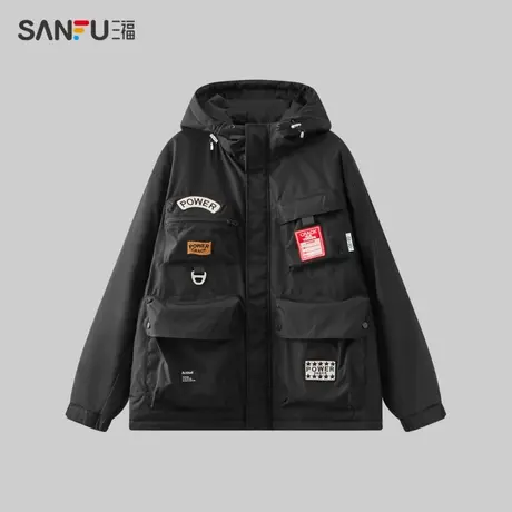 三福2023冬季男士工装章仔户外短棉衣 潮趣连帽外套男481347图片