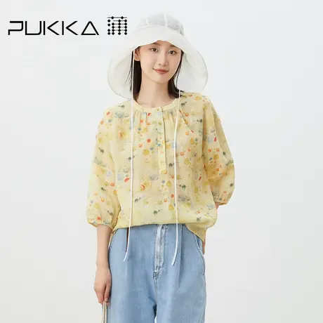蒲PUKKA 原创设计夏季文艺苎麻印花宽松碎褶新中式圆领衬衫图片