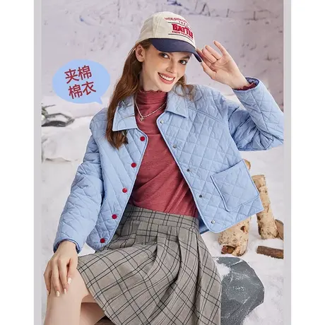 a022023冬季新款菱形格撞色舒适休闲轻薄外套短款百搭女式棉衣图片