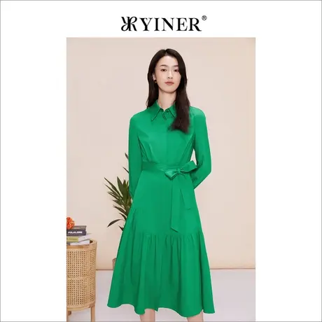 YINER音儿2023春季气质收腰衬衫收腰飘带连衣裙图片