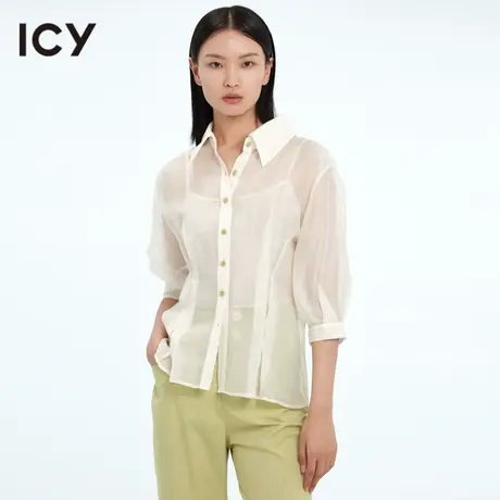icy女装原创春季新款时尚通勤风简约翻领收腰排扣白色衬衫上衣商品大图