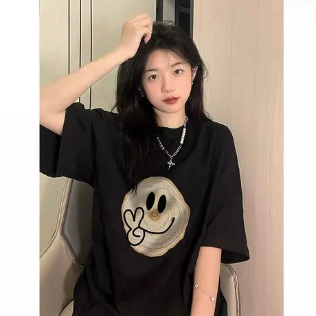 笑脸黑色短袖t恤女夏季韩版宽松复古港味chic小众设计感上衣美式商品大图