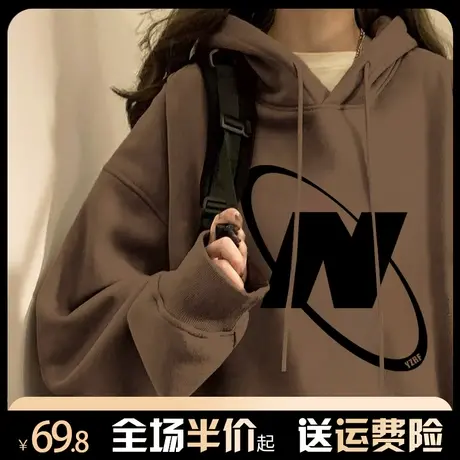 美式复古连帽卫衣女秋冬加绒加厚小个子港味chic高级感宽松外套潮商品大图