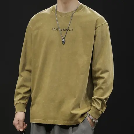 圆领长袖t恤男纯棉潮牌宽松大码2024新款男士重磅复古水洗春秋商品大图