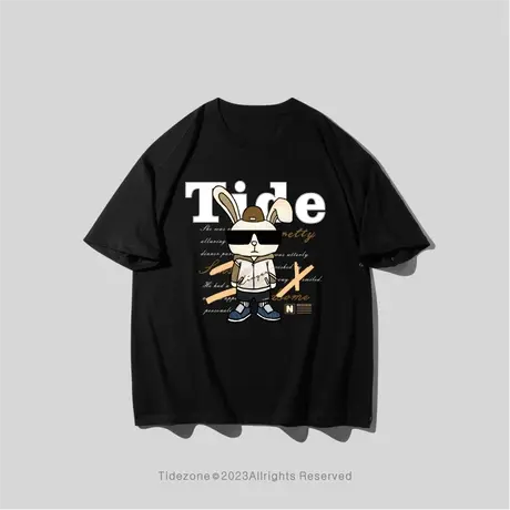 Ohlyah复古字母兔子涂鸦圆领短袖T恤男夏季新款趣味潮流水洗体恤图片