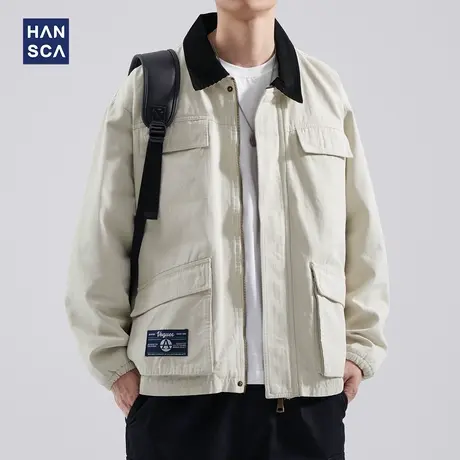 hansca秋冬季翻领工装夹克男士宽松撞色休闲外套春秋潮牌百搭上衣商品大图