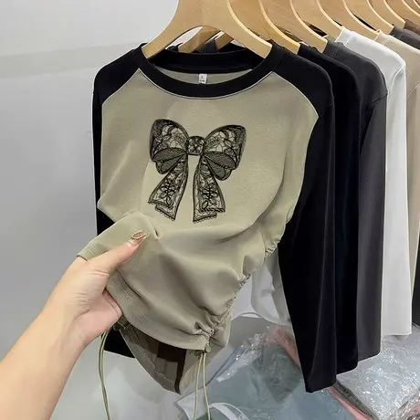 美式甜辣t恤女春秋季长袖侧边抽绳收腰圆领显瘦上衣服插肩袖撞色商品大图