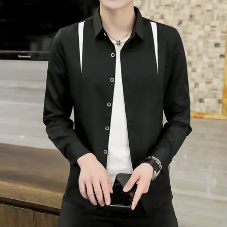 黑色衬衫男士长袖秋装潮流百搭上衣学生韩版修身衬衣外套日系薄款商品大图