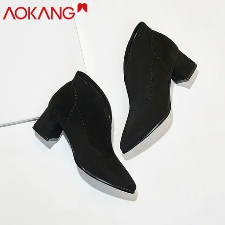 奥康短靴粗跟弹力靴休闲中跟女靴子尖头中筒靴瘦瘦靴商品大图