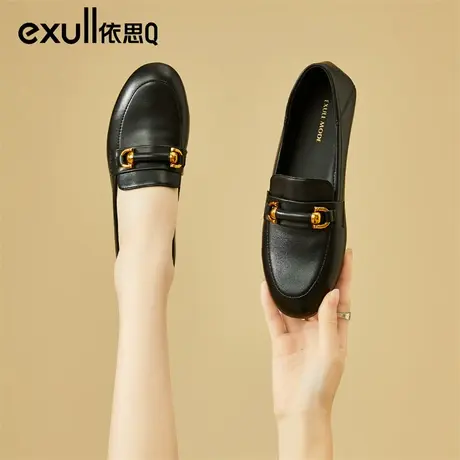依思q平底单鞋女春季2024新款英伦风小皮鞋软底一脚蹬黑色乐福鞋图片