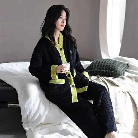 婷美秋冬款睡衣女士珊瑚绒长袖ins风保暖家居服长毛绒外穿两件套商品大图