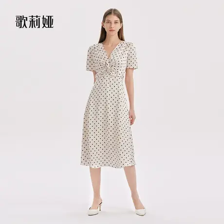 歌莉娅白色复古短袖连衣裙夏装女缎面冰丝法式波点气质V领长裙子商品大图