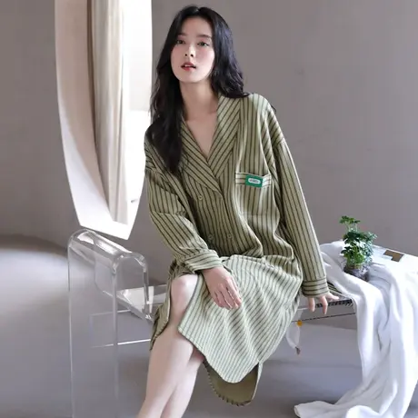 婷美秋冬季睡裙女新款纯棉长袖翻领简约条纹睡衣连衣裙家居服宽松商品大图
