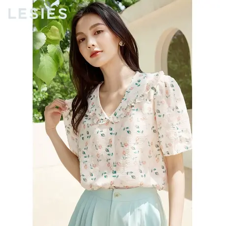LESIES蓝色倾情夏女装新款清新碎花泡泡袖设计感小众上衣短袖衬衫图片