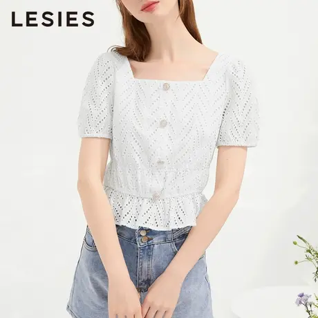 LESIES蓝色倾情夏装新款女装棉布绣花方领短袖淑女上衣甜美小衫图片