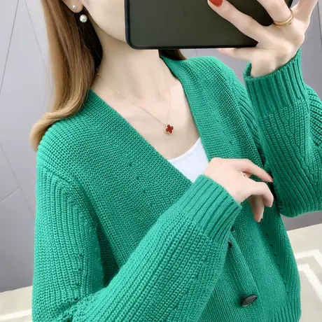 针织开衫外套女2023新款春秋外穿韩版宽松慵懒风短款洋气纯色毛衣商品大图