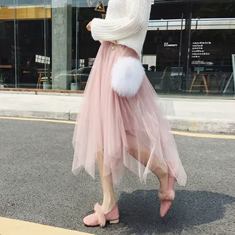 春秋新款显瘦不规则仙女蓬蓬裙中长款网纱半身裙a字大摆0822f图片