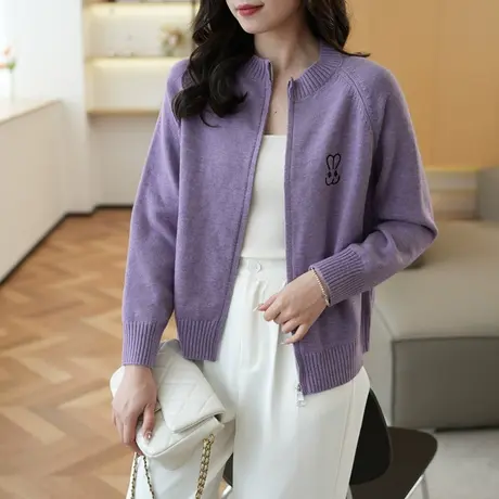小香风紫色毛衣外套女装秋季新款韩版高级感宽松长袖针织开衫上衣图片