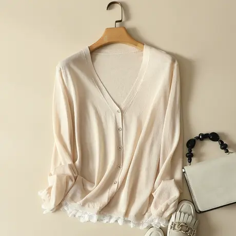 针织开衫女薄款V领长袖早秋新款冰丝外搭防晒空调衫夏季披肩外套图片