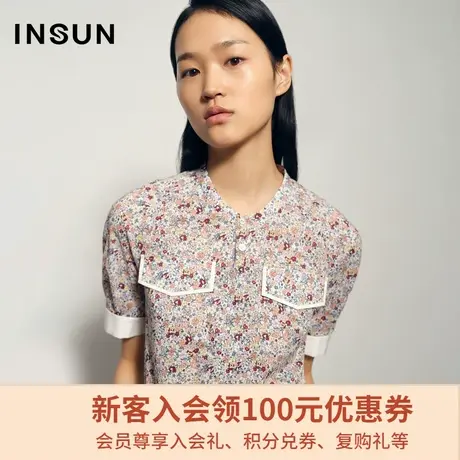 恩裳夏季复古气质印花时尚感修身显瘦棉质短袖衬衫女薄款商品大图