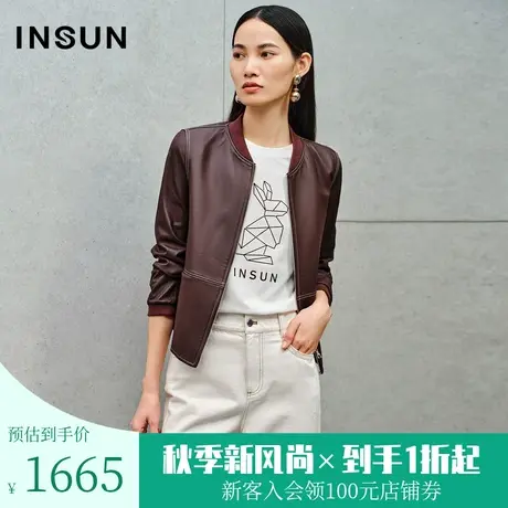 恩裳秋冬经典时尚明线棒球领韩版宽松短款真皮皮衣外套女图片