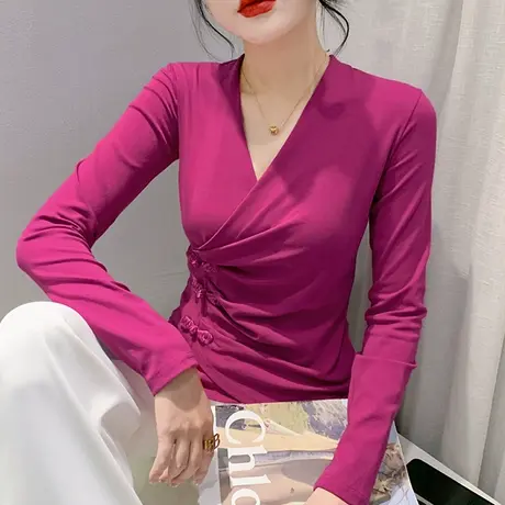 欧货性感交叉T恤女长袖别致漂亮上衣设计感修身百搭V领打底衫内搭商品大图