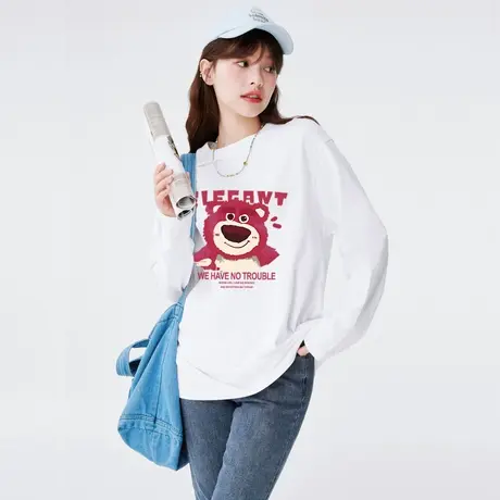 草莓熊长袖t恤女中长款2023秋冬新款美式复古宽松纯棉套头衫上衣图片