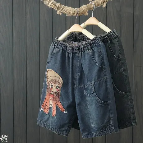 文艺复古贴布牛仔五分裤女夏季2022新款宽松显瘦直筒短裤薄款中裤图片