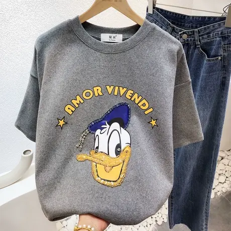 2021早春新款韩国东大门卡通可爱水钻磨毛半袖T恤欧洲站打底大码商品大图