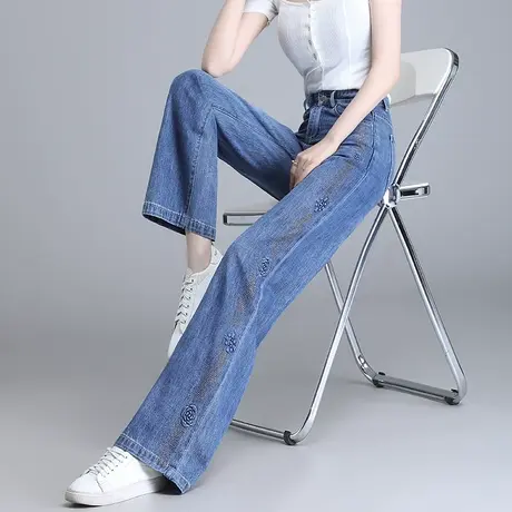 烫钻阔腿牛仔裤女2023年新款夏季大码胖mm显瘦直筒裤小个子拖地裤商品大图