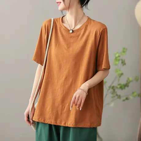 dza文艺纯色全棉圆领T恤女士2023夏新款宽松短袖体恤百搭显瘦上衣商品大图