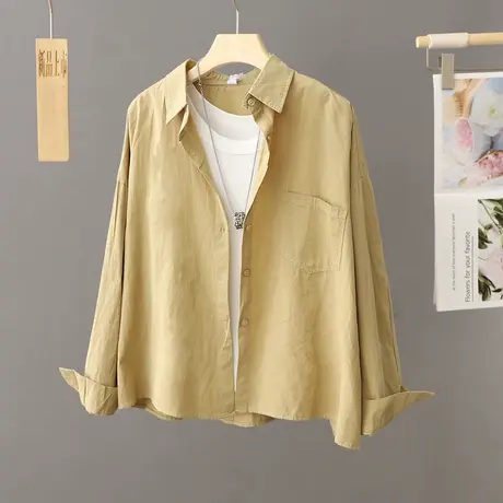 宽松衬衫外套女春秋小个子2023新款秋季衬衣短款纯棉上衣女短外套商品大图