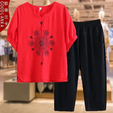 妈妈夏装短袖洋气套装200斤绣花上衣中老年女妈妈装七分裤两件套商品大图