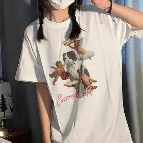 美式复古短袖t恤女夏季宽松韩版设计感小众辣妹纯欲风上衣服ins潮商品大图