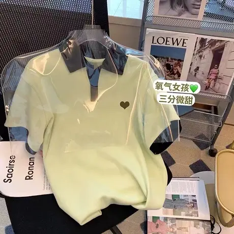 美式复古polo衫短袖t恤女夏季纯棉宽松半袖设计感小众上衣服ins潮商品大图
