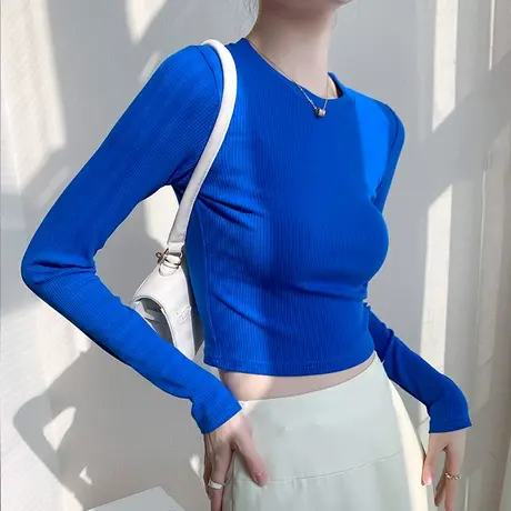 克莱因蓝长袖T恤女2022春夏修身短款露脐上衣潮弹力修身显瘦内搭图片