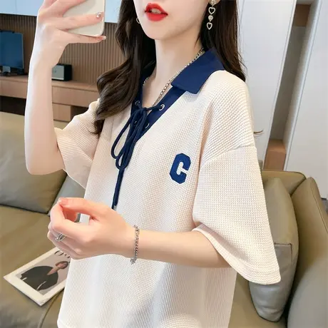小众设计感短袖t恤女夏季韩版宽松大码翻领polo衫小个子拼色上衣商品大图