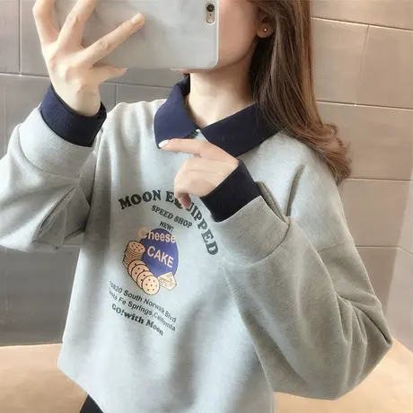 早秋卫衣女春秋季韩版宽松翻领polo衫小个子薄款假两件上衣服外套图片