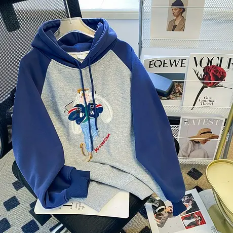 拼色设计感连帽卫衣女秋冬加绒加厚小众高街潮牌ins宽松大码外套图片