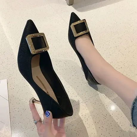 永希女鞋高跟鞋2023年新款冬季浅女口尖头气质细跟猫跟黑色单鞋女商品大图