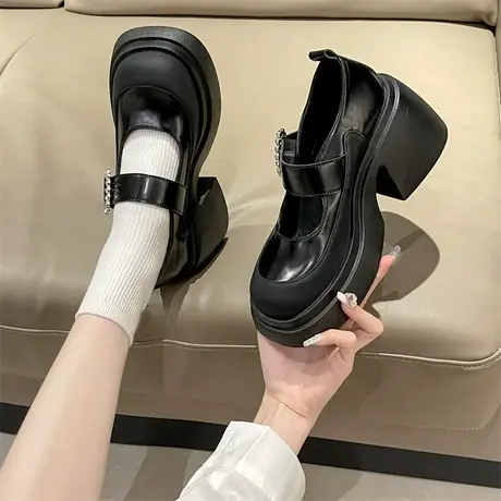 永希小皮鞋女夏季2023新款水钻气质粗跟高跟鞋增高洋气配裙子单鞋商品大图