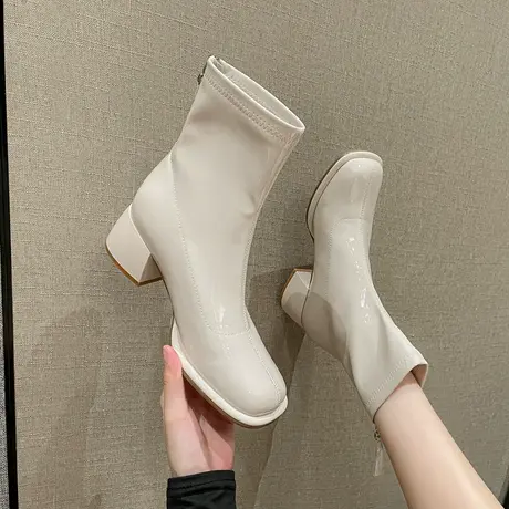 方头高跟短靴女粗跟2022年秋冬季新款时尚气质短筒靴后拉链瘦瘦靴图片