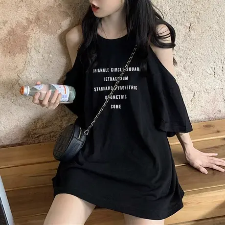 黑色露肩t恤女装夏季胖mm大码中长款宽松减龄设计感短袖上衣200斤商品大图