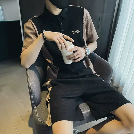 夏季男拼色运动服短袖POLO衫短裤套装休闲跑步学生透气两件套ins图片
